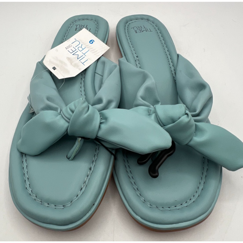 Time and Tru Women’s Sandals Size 9 Blue Bow Slide Flats Slip On NWT - Picture 2 of 6